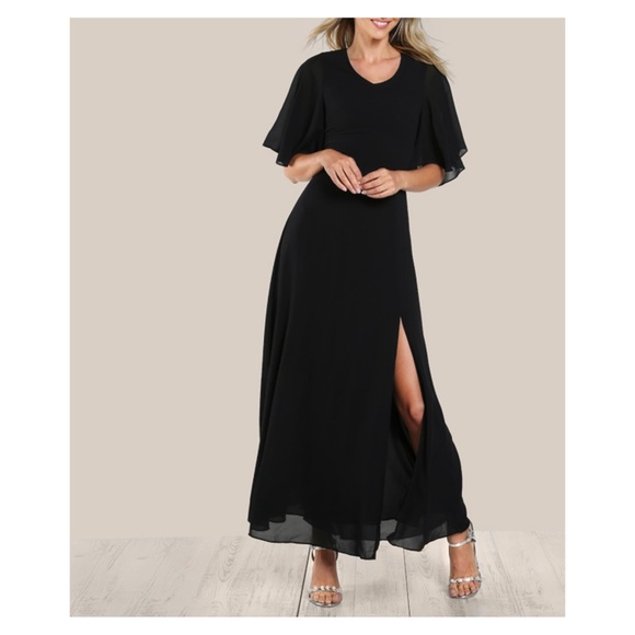 Black Flutter Sleeve Lace Up Open Back Maxi Dress - Picture 3 of 5